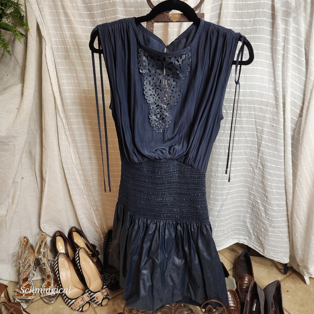 Ramy Brook Navy Blue Mixed Media Mini Dress Laser Cut Faux Leather Smocked Small